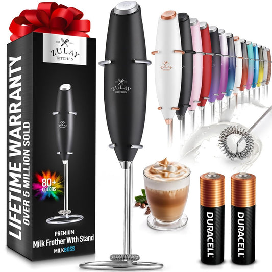 Zulay Kitchen Powerful Milk Frother Wand With 2 Duracell Batteries - Ultra Fast Handheld Drink Mixer - Electric Whisk Foam Maker for Coffee Lattes Cappuccino Matcha Hot Chocolate & Creamer - Black - FOUNDERS INC