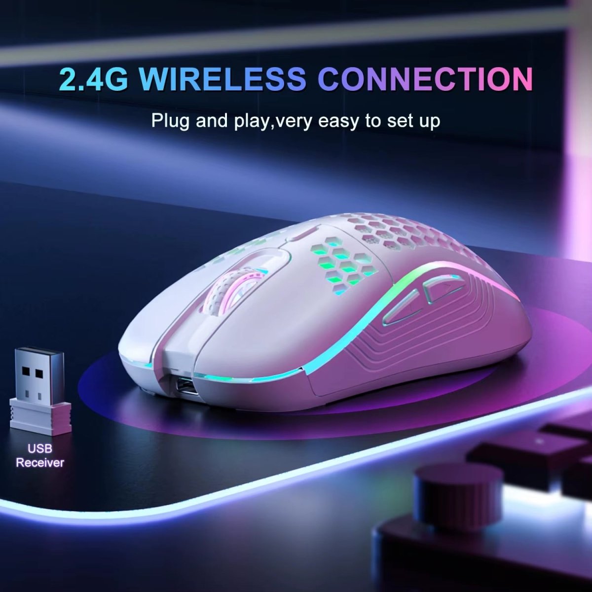 2.4G Wireless Mouse with RGB Backlit 6-Button 3-Speed DPI Type C Rechargeable Ergonomic Honeycomb Design Gaming Mouse - NEXASHOP