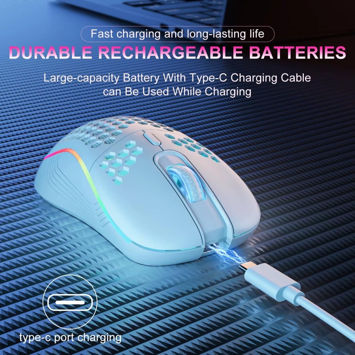 2.4G Wireless Mouse with RGB Backlit 6-Button 3-Speed DPI Type C Rechargeable Ergonomic Honeycomb Design Gaming Mouse - NEXASHOP