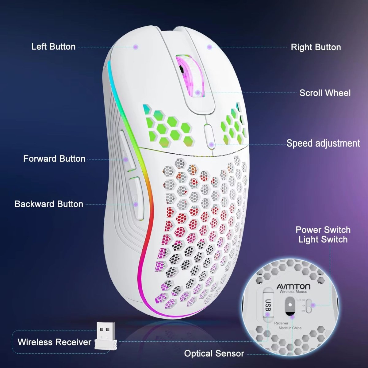 2.4G Wireless Mouse with RGB Backlit 6-Button 3-Speed DPI Type C Rechargeable Ergonomic Honeycomb Design Gaming Mouse - NEXASHOP
