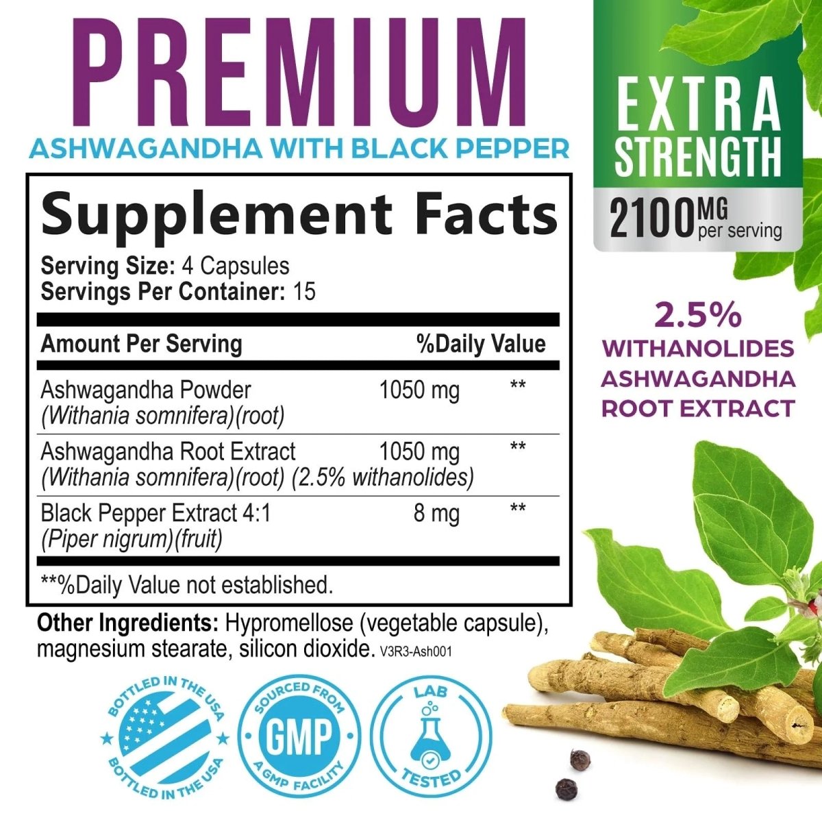 Ashwagandha Supplements - High-Absorption Ashwagandha Root Extract Powder with Black Pepper for Max Absorption - Herbal Supplement for Women & Men, Vegan & Gluten Free, Bottled in USA - 60 Capsules - NEXASHOP