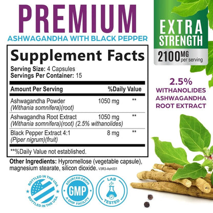 Ashwagandha Supplements - High-Absorption Ashwagandha Root Extract Powder with Black Pepper for Max Absorption - Herbal Supplement for Women & Men, Vegan & Gluten Free, Bottled in USA - 60 Capsules - NEXASHOP