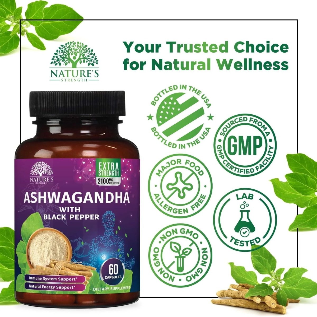 Ashwagandha Supplements - High-Absorption Ashwagandha Root Extract Powder with Black Pepper for Max Absorption - Herbal Supplement for Women & Men, Vegan & Gluten Free, Bottled in USA - 60 Capsules - NEXASHOP