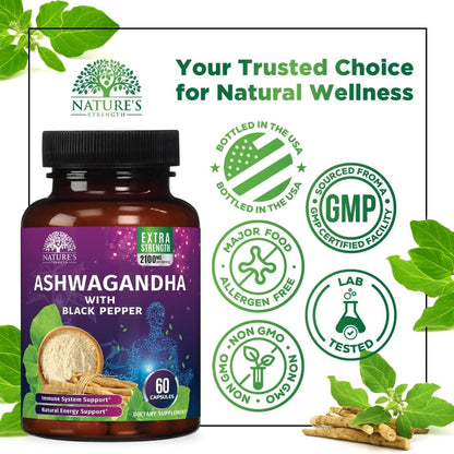 Ashwagandha Supplements - High-Absorption Ashwagandha Root Extract Powder with Black Pepper for Max Absorption - Herbal Supplement for Women & Men, Vegan & Gluten Free, Bottled in USA - 60 Capsules - NEXASHOP