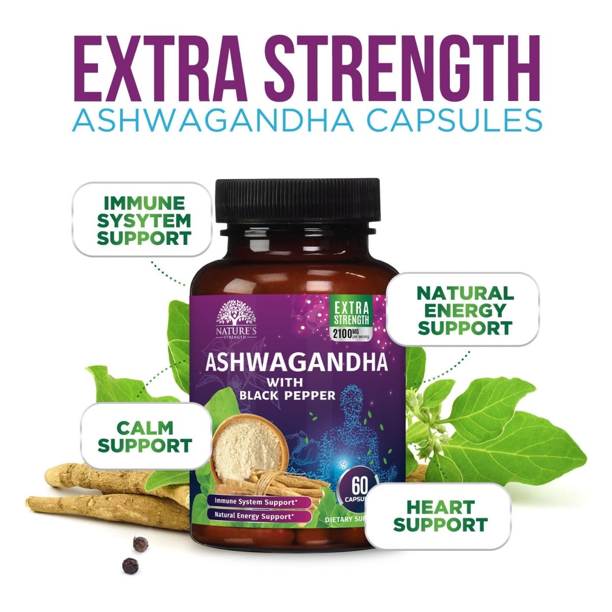 Ashwagandha Supplements - High-Absorption Ashwagandha Root Extract Powder with Black Pepper for Max Absorption - Herbal Supplement for Women & Men, Vegan & Gluten Free, Bottled in USA - 60 Capsules - NEXASHOP