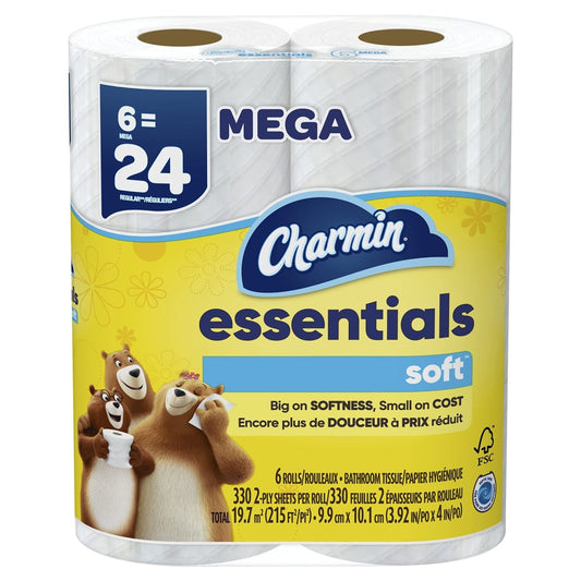 Charmin Essentials Soft Toilet Paper 6 Mega Rolls 330 sheets per roll - FOUNDERS INC