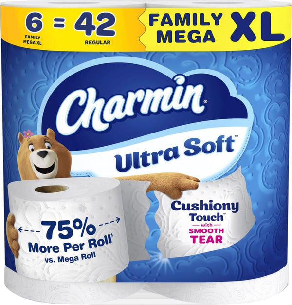 Charmin Ultra Soft Cushiony Touch Toilet Paper, 24 Family Mega = 123 Regular Rolls, White - FOUNDERS INC