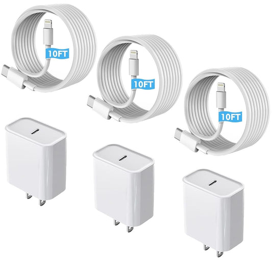Fast Charger iPhone 3Pack【MFi Certified】 Chargers iPhone Fast Charging Block USB C Charger Quick Charging Adapter with 10ft USB C to Lightning Cable Data Syncing Cord for iPhone 14 13 12 11 X - NEXASHOP