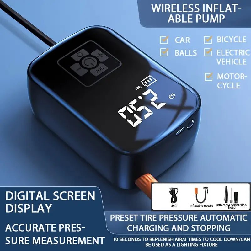 PRO Wireless Car Tire Inflator - Digital Display Air Compressor for Motorcycle/Bicycle, Portable Emergency Pump with LED Light - NEXASHOP